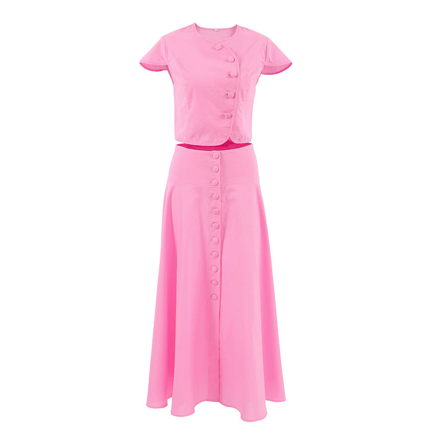 Women's Pink Two Piece Skirt Set Elegant Crop Top and High Waist Maxi Skirt Outfit - Seldom Seen Styles