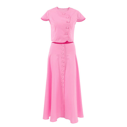 Women's Pink Two Piece Skirt Set Elegant Crop Top and High Waist Maxi Skirt Outfit