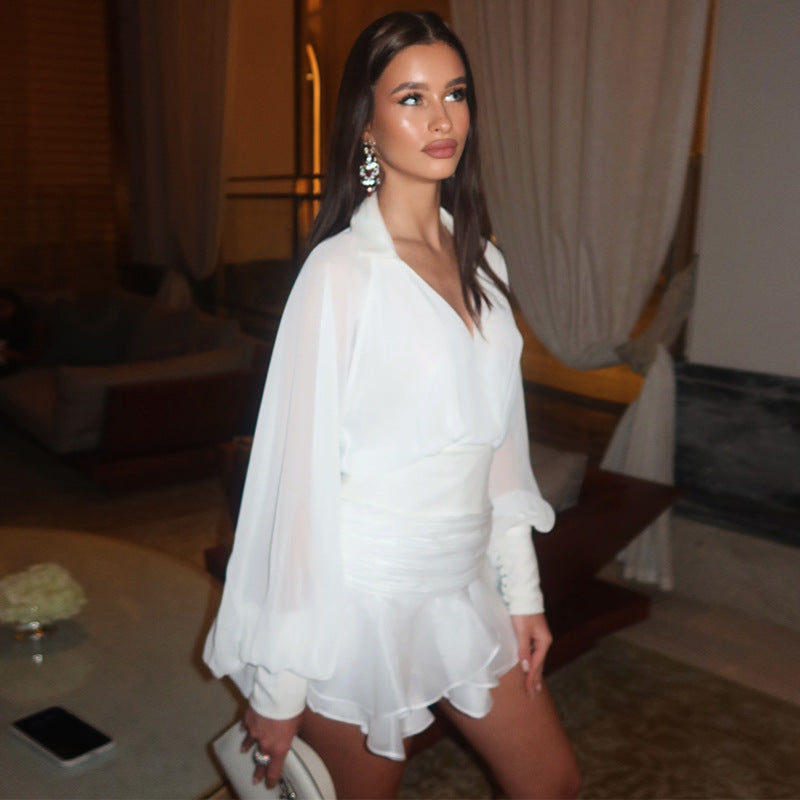 Women's summer new sweet and fresh V-neck lantern sleeves high waist slim dress short skirt - Seldom Seen Styles