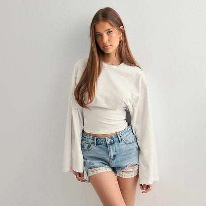 Women's Ruched Long Sleeve Top with Wide Sleeves Crew Neck Fitted Casual Blouse
