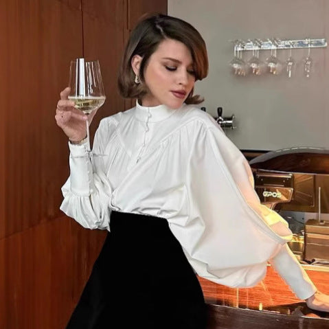 Women's Victorian Lantern Sleeve Blouse Elegant High Neck Long Sleeve White Shirt - Seldom Seen Styles
