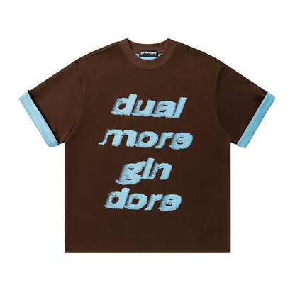 Dual More Gin Dore Graphic Oversized T-Shirt Contrast Cuff Crew Neck Casual Summer Streetwear Tee | Dual More Tee