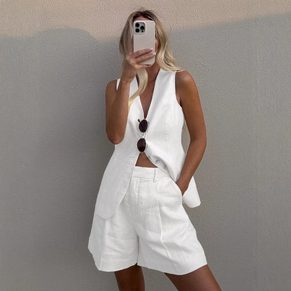 Baumwoll- und Leinen-Westen-Shorts-Set, Sommer 2025, neue Pendlerweste + Shorts-Anzug, Freizeitanzug für Damen