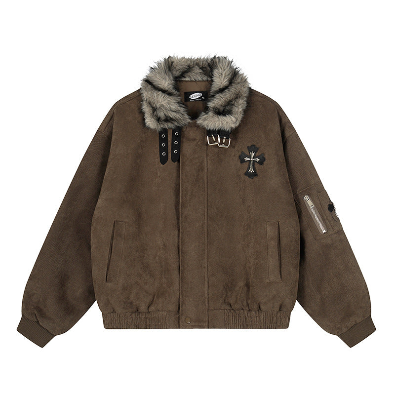 Faux Fur Collar Suede-Texture Buckle Bomber Jacket