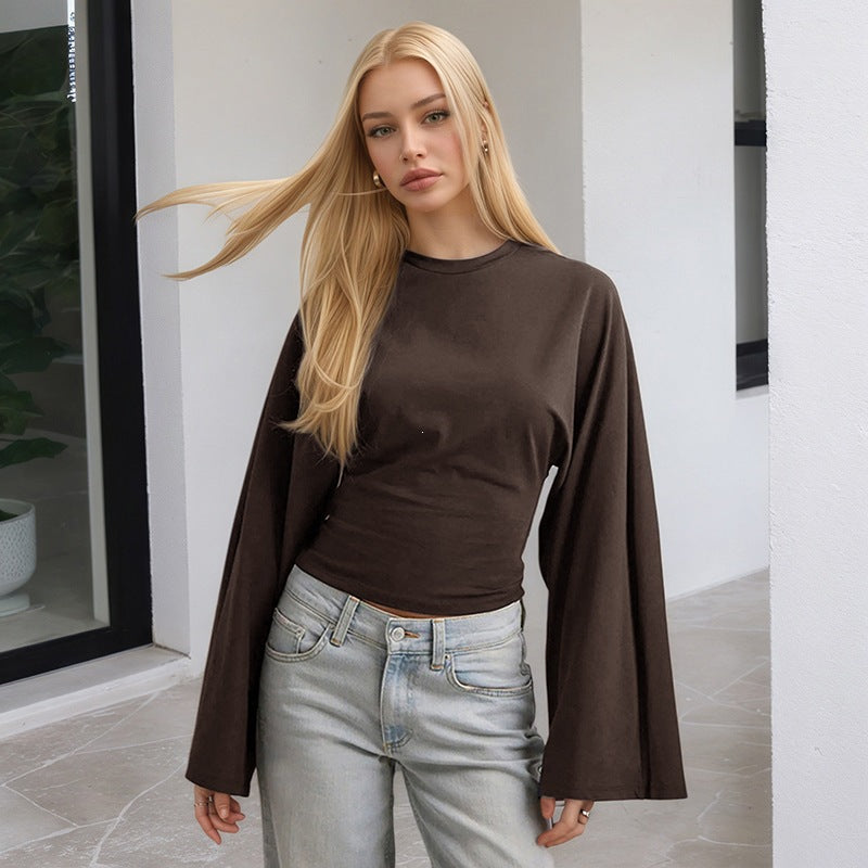 Women's Ruched Long Sleeve Top with Wide Sleeves Crew Neck Fitted Casual Blouse - Seldom Seen Styles