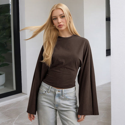 Women's Ruched Long Sleeve Top with Wide Sleeves Crew Neck Fitted Casual Blouse