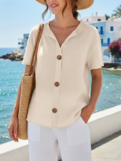 Women's Loose Casual Short Sleeve V-Neck Top Solid Color Summer Vacation Outfit