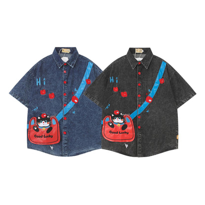 Cat Bag Patch Denim Shirt Fake Messenger Bag Embroidery Loose Fit Couple Niche Japanese Streetwear Button-Up | Cat Bag Denim Shirt