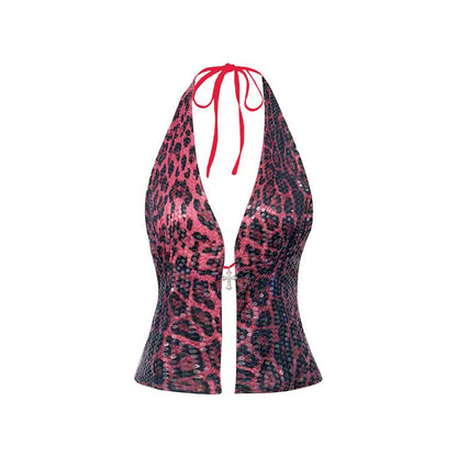 Neck Leopard Print Wild Sexy Hottie Slim Deep V Halter Sleeveless Neck Sexy Vest Ladies Top