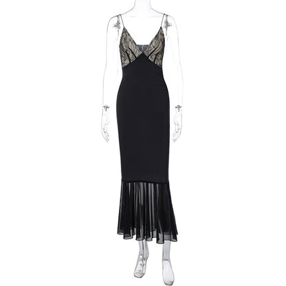 Fashion new splicing lace chest wrap royal sister style sexy slim mesh skirt pendulum suspender dress women