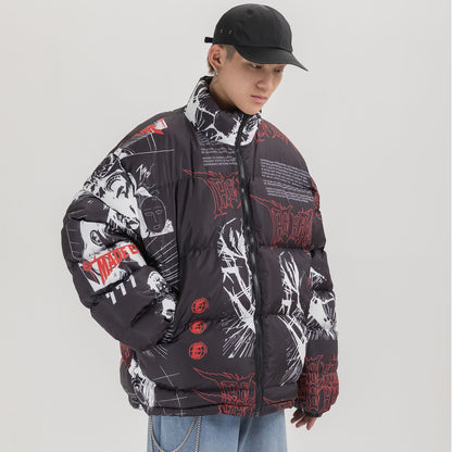 Women's Anime Full Print Thickened Puffer Cotton Jacket Street Style Couple Guochao Warm Winter Coat Unisex | Anime Puffer