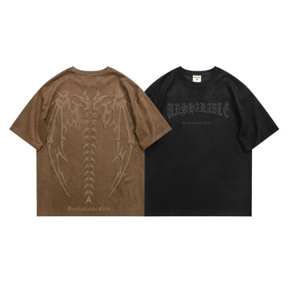 Women's Skull Print Short Sleeve T-Shirt Oversized Loose Casual American Retro Suede Washed Summer Tee | Skull Suede