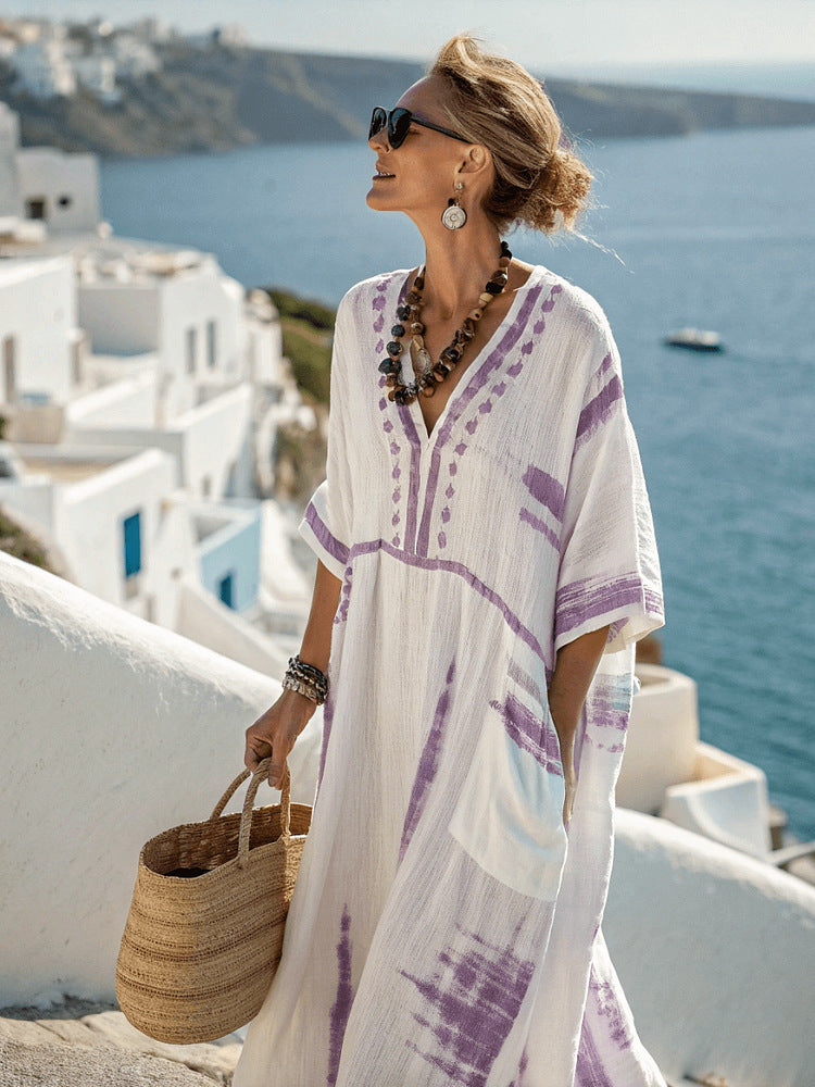 Women's Boho Linen Maxi Dress Oversized Kaftan Beach Cover Up Vacation Resort Dress - Seldom Seen Styles