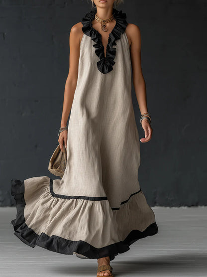 Women's Sleeveless V-Neck Ruffle Maxi Dress Loose Casual Summer Beach Vacation Long Vest Dress