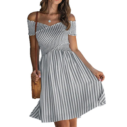 Women's Off Shoulder Striped Maxi Dress Slim Fit Summer Vacation Dress