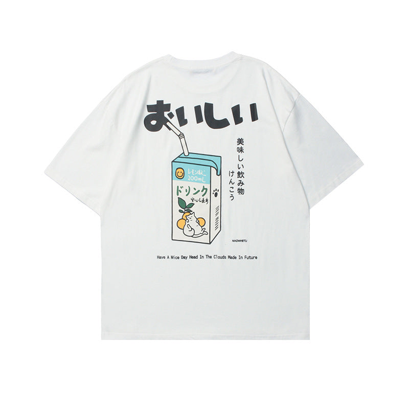 Crew Neck Short Sleeve Japanese Retro Bunny Citrus Graphic Print T-Shirt Loose Oversized Casual Minimalist Summer Top | Yuzu Bunny