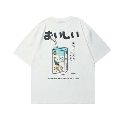 Crew Neck Short Sleeve Japanese Retro Bunny Citrus Graphic Print T-Shirt Loose Oversized Casual Minimalist Summer Top | Yuzu Bunny