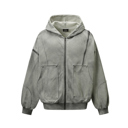 TALISHKO / SUPERMADE Street Washed Distressed Stitching Rivet Hooded Jacket