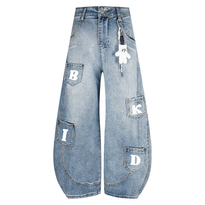 DARKAGE BKID Multi-Pocket Washed Vintage Wide-Leg Jeans