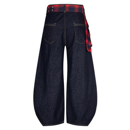 Embroidered Plaid Wide Leg Jeans Back Flap Washed Denim Loose Fit Clean Fit High Street Couple Casual Streetwear | Flap Wide Jeans