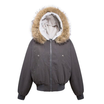 TALISHKO Faux Fur Lined Zip Up Winter Hooded Bomber Jacket