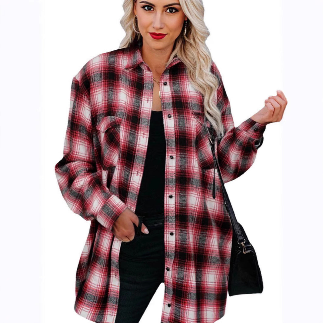 Women's Plaid Button Down Shirt Oversized Long Sleeve Flannel Shirt Jacket Casual Longline Shacket Coat