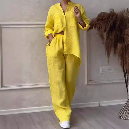 Women's Linen Two Piece Set Button Down Shirt and Wide Leg Pants Casual Matching Outfit Summer Vacation Co Ord Set