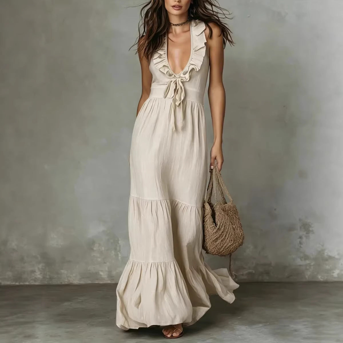 Women's Deep V Neck Ruffle Sleeveless Maxi Dress Loose Fit Casual Summer Beach Dress - Seldom Seen Styles