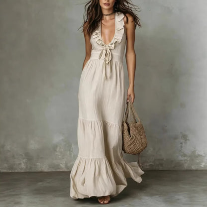 Women's Deep V Neck Ruffle Sleeveless Maxi Dress Loose Fit Casual Summer Beach Dress