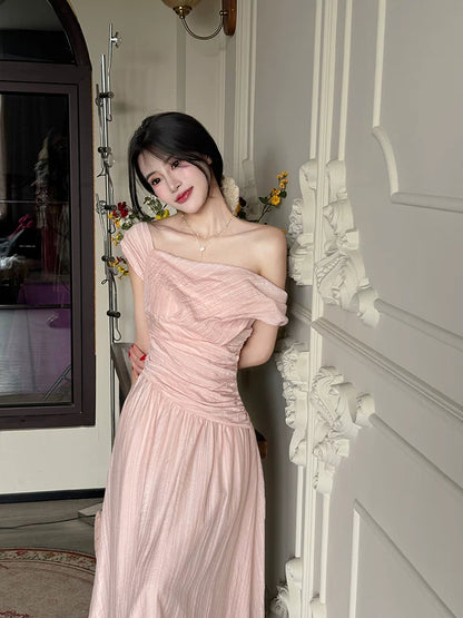 Elegant Off Shoulder Midi Dress – Slim Waist Soft Pink Summer Dress for Women