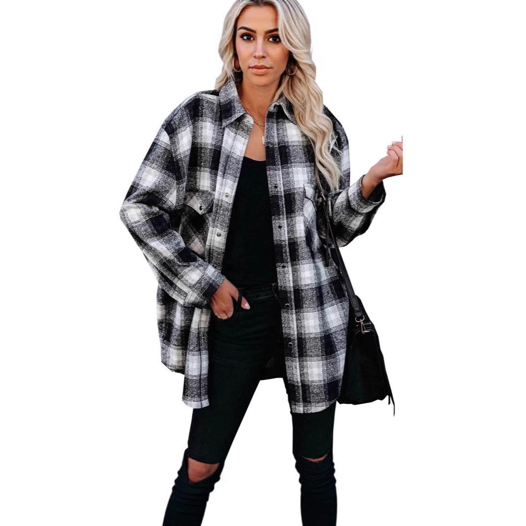 Women's Plaid Button Down Shirt Oversized Long Sleeve Flannel Shirt Jacket Casual Longline Shacket Coat