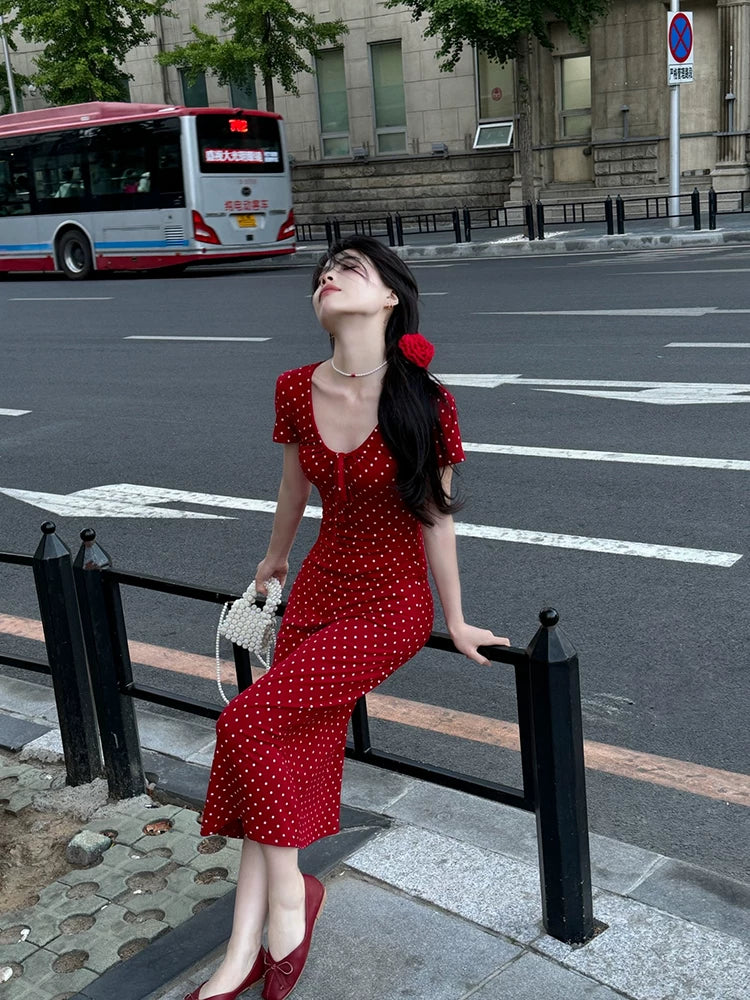 New solid color red polka dot elastic slim white drawstring design V-neck short-sleeved dress long dress women - Seldom Seen Styles
