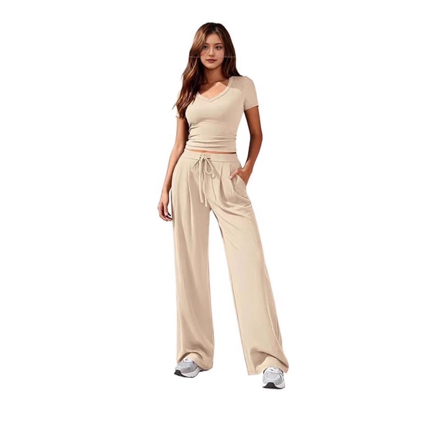 Women's Solid Color V-Neck Top Wide Leg Trousers Two Piece Set Casual Summer Vacation Outfit - Seldom Seen Styles