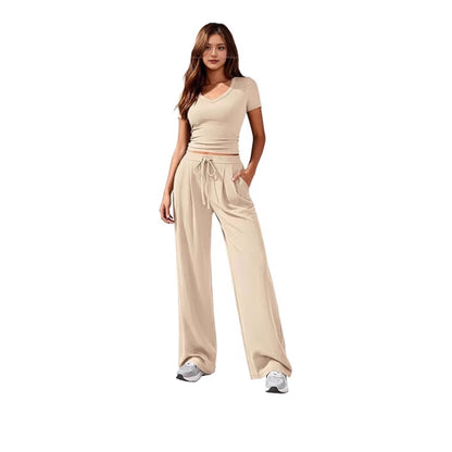 Women's Solid Color V-Neck Top Wide Leg Trousers Two Piece Set Casual Summer Vacation Outfit