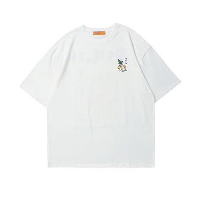 Crew Neck Short Sleeve Japanese Retro Bunny Citrus Graphic Print T-Shirt Loose Oversized Casual Minimalist Summer Top | Yuzu Bunny