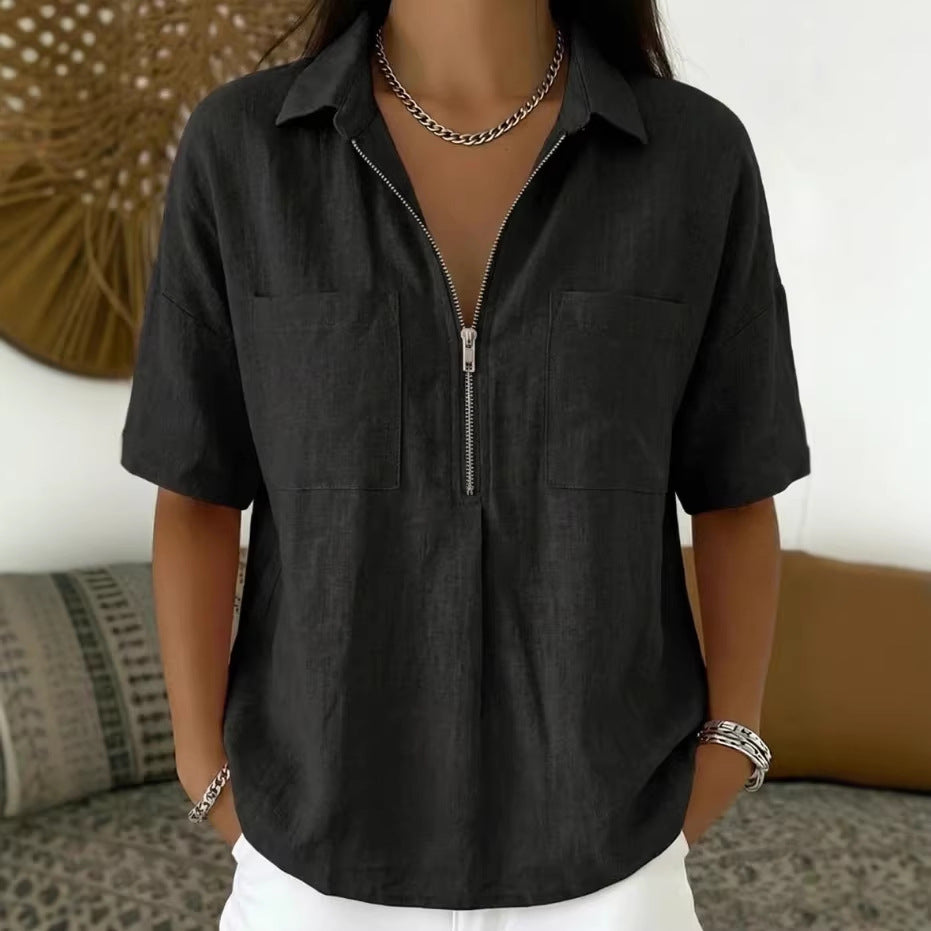Women's Loose Lapel Short Sleeve Shirt V-Neck Zipper Casual Top Summer Vacation Outfit - Seldom Seen Styles