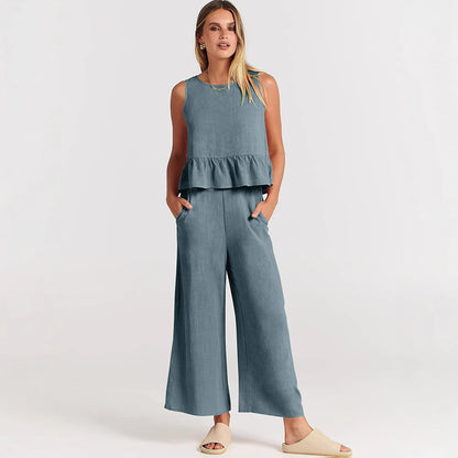 Women's Sleeveless Two Piece Pants Set Casual Ruffle Hem Top and Wide Leg Cropped Pants Matching Summer Outfit
