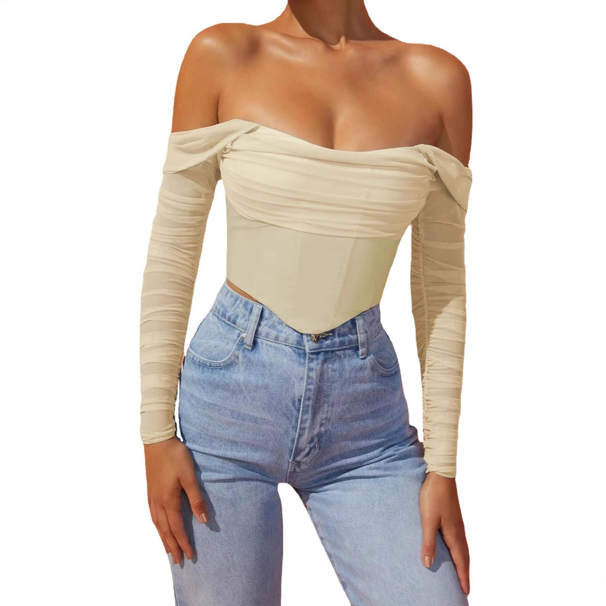 Women's clothing autumn and winter mesh yarn fish bone perspective one-word collar exposed navel short long-sleeved top women - Seldom Seen Styles