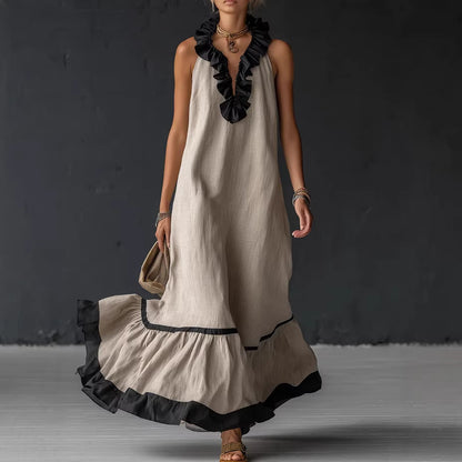 Women's Sleeveless V-Neck Ruffle Maxi Dress Loose Casual Summer Beach Vacation Long Vest Dress
