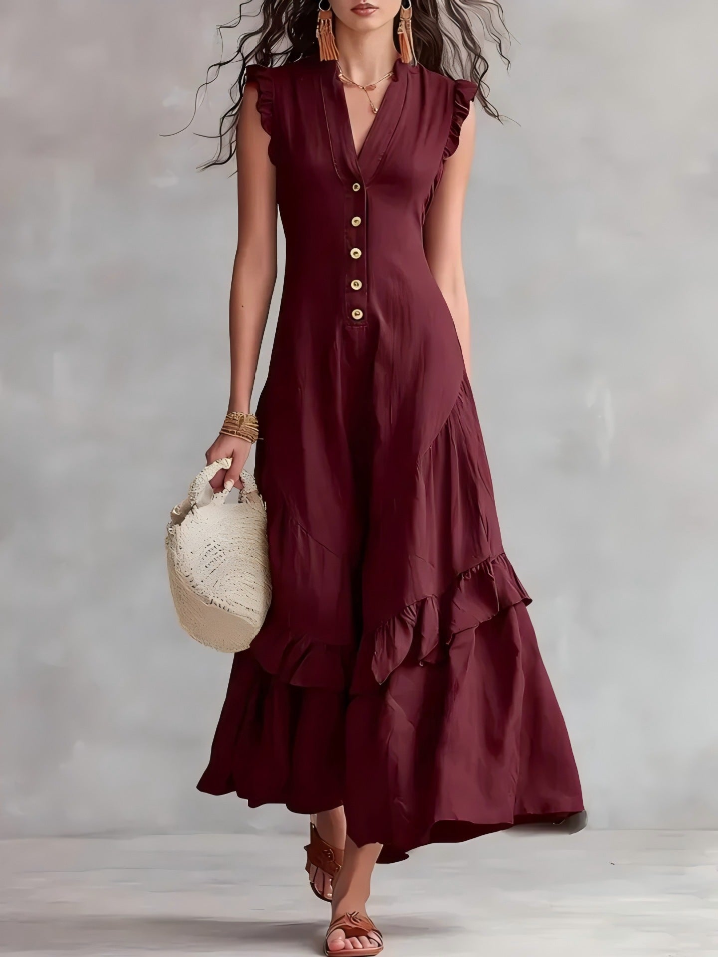Women's Cotton Linen Maxi Dress Sleeveless V Neck Button Front Ruffle Hem Boho Summer Dress with Pockets - Seldom Seen Styles