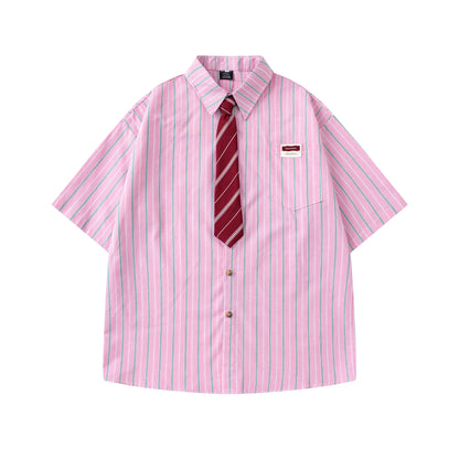 Striped Short-Sleeve Shirt with Tie