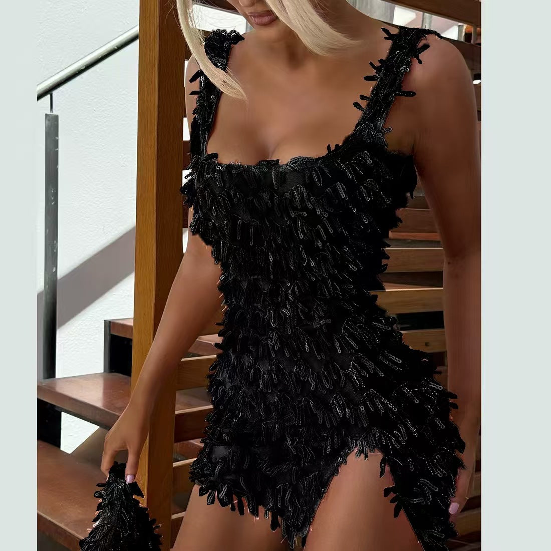 New suspender off-the-shoulder hip skirt with split ends and hairs, slim fit, pure desire temperament dress - Seldom Seen Styles