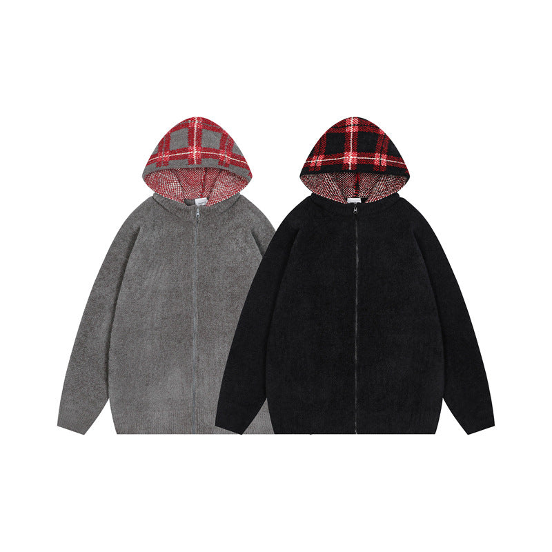 Korean Hooded Zip Knit Sweater Thickened Retro Couple Casual Street Trendy | Hood Zip Knit