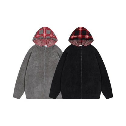 Korean Hooded Zip Knit Sweater Thickened Retro Couple Casual Street Trendy | Hood Zip Knit