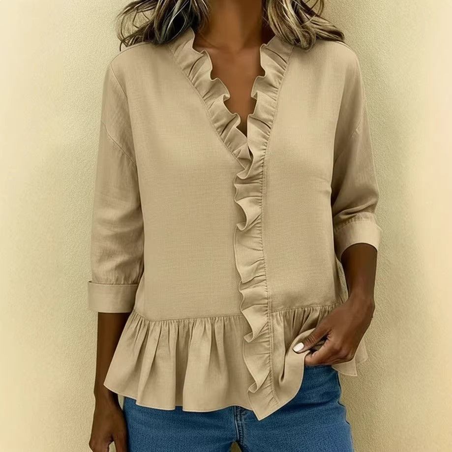 Women's Long Sleeve Ruffle Shirt Solid Color Casual Elegant Blouse Spring Summer Outfit - Seldom Seen Styles