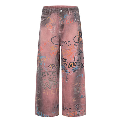 Letter Graffiti Design Loose Straight Denim Trousers Retro American Niche Streetwear Casual Spring Summer Jeans | Letter Drift