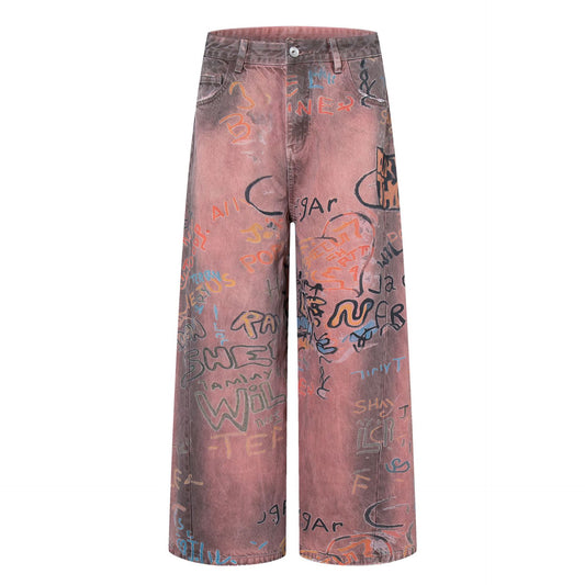 Letter Graffiti Design Loose Straight Denim Trousers Retro American Niche Streetwear Casual Spring Summer Jeans | Letter Drift