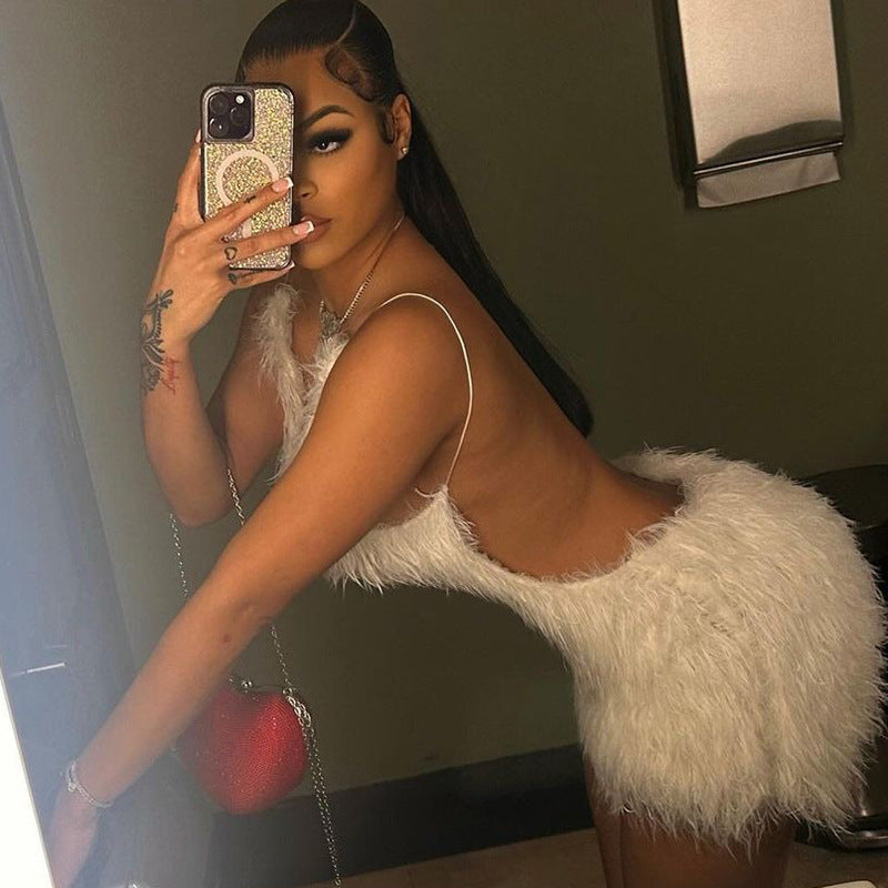 Women's clothing fashionable and sexy hollow backless zipper solid color fluff suspender hip dress dress - Seldom Seen Styles