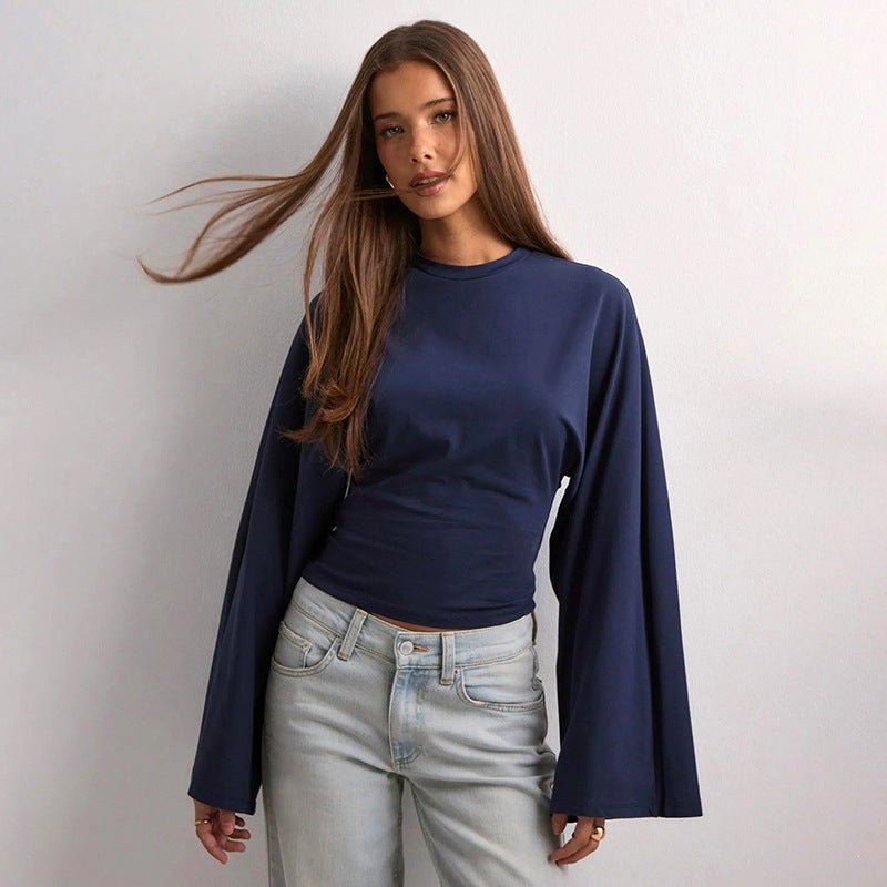 Women's Ruched Long Sleeve Top with Wide Sleeves Crew Neck Fitted Casual Blouse - Seldom Seen Styles