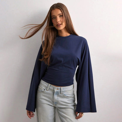 Women's Ruched Long Sleeve Top with Wide Sleeves Crew Neck Fitted Casual Blouse